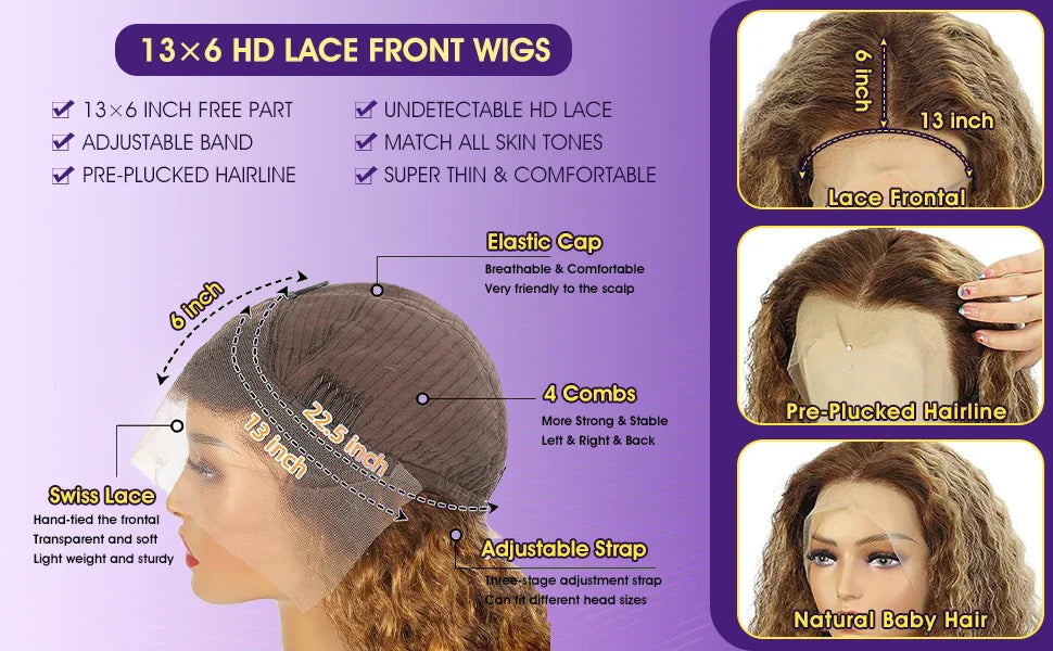13x6 Highlight Wig Human Hair Deep Wave 40 Inch HD Lace Front Human Hair Wig 200 Density 4/27 Ombre Brown Blonde Lace Front Wigs