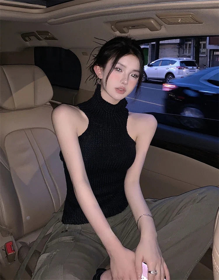 Crop Top Summer Y2K Clothes Fashion Sleeveless Shirts Turtleneck Tees Bandage Tanks Hollow Out Tops Women Sexy Gothic Clothing