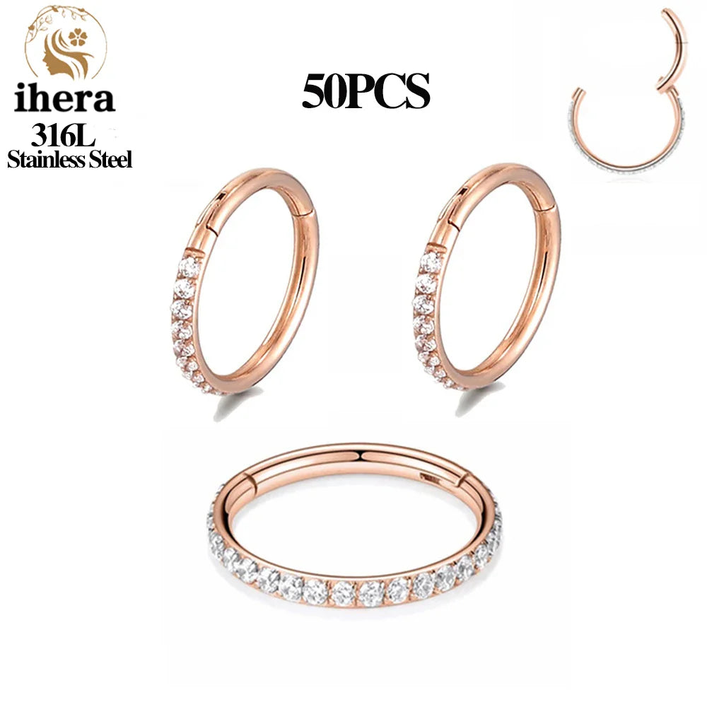 316L Stainless Steel Zircon CZ Hinged Segment Nose Septum Clicker Ring Round Earrings Hoops Ear Tragus Helix Piercing Jewelry