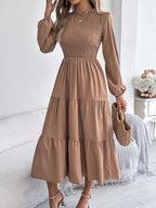 Autumn Winter Elegant Dresses for Woman Solid Color Round Neck Long Sleeve Ruffled Dresses Khaki Green Red