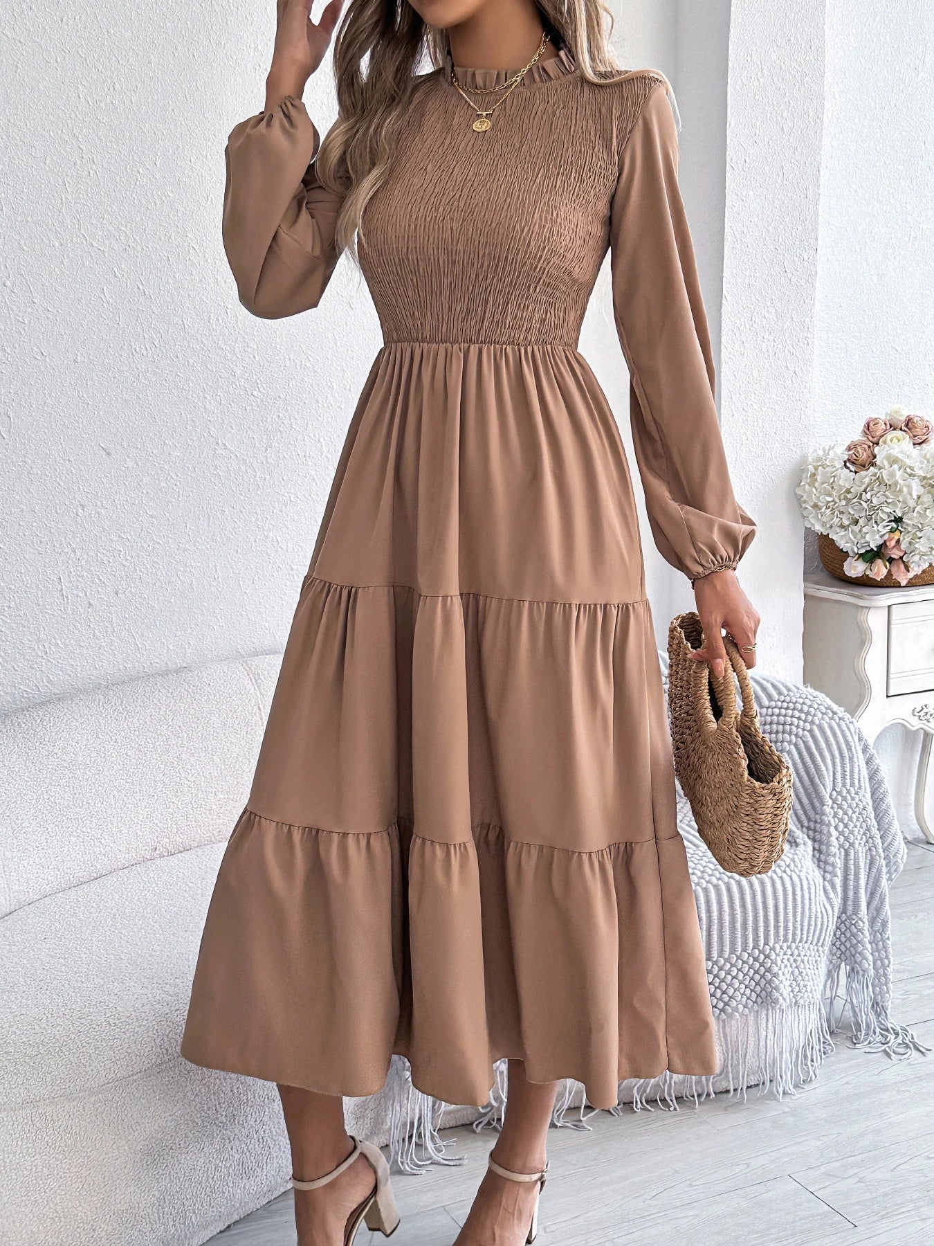 Autumn Winter Elegant Dresses for Woman Solid Color Round Neck Long Sleeve Ruffled Dresses Khaki Green Red