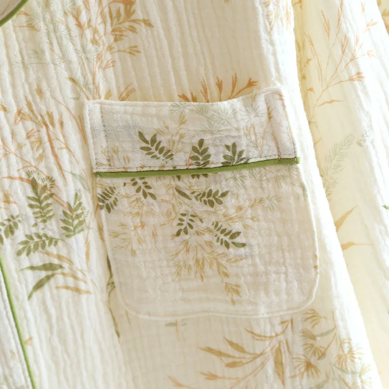 2025 New Spring and Autumn Women's Pajama Set 100% Cotton Crepe Printed Long Sleeve Pants Two Piece Home Suit Set Sleepwear