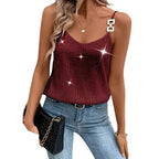 2024 Women´s Summer Sequin Cami Tops Spaghetti Strap V-Neck Sparkle Shimmer Loose Sleeveless Tanks Tops