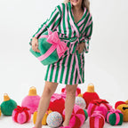 Dourbesty Women Striped Fleece Robe Fuzzy Y2K Printed Long Sleeve Shawl Collar Bath Robe Cute Plush Warm Kimono with Pocket 2025