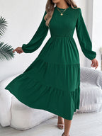 Autumn Winter Elegant Dresses for Woman Solid Color Round Neck Long Sleeve Ruffled Dresses Khaki Green Red