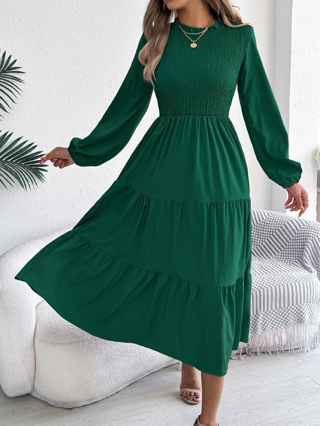 Autumn Winter Elegant Dresses for Woman Solid Color Round Neck Long Sleeve Ruffled Dresses Khaki Green Red