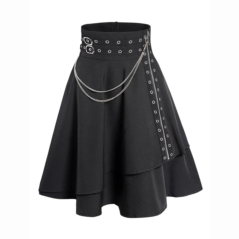 Dressfo Womens Asymmetic Hem Plaid Skirt Buckle Strap Detail Casual Midi A Line Dress Black Skirts 2024 New