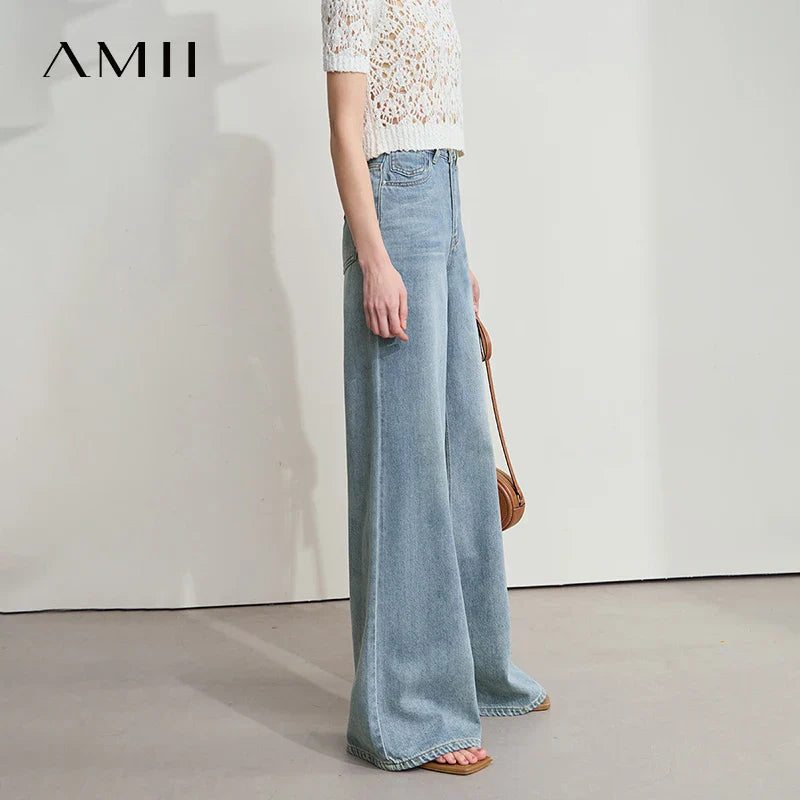 AMII Minimalist Blue Jeans Women 2025 Summer New Versatile Denim Wide Leg Pants Low Waist Thin Casual Loose Trousers  12542121