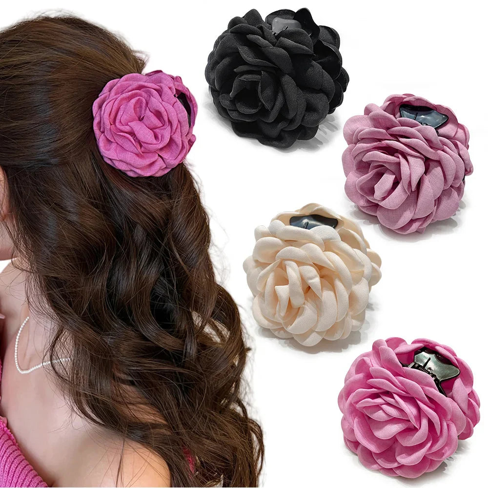 16 Colors Sweat Medium Size Cotton Fabric Rose Flower Hair Claw Clips for Women Korean Ctach Shark Clamp Hair Accessories 2024
