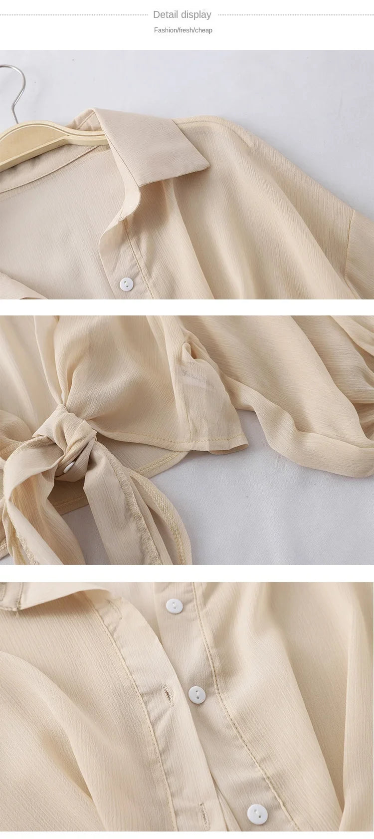 Casual Loose Hollow White Clothes Elegant Solid Color Tied Waist Blouse Women Summer Bat Half Sleeve Button Chiffon Shirt 9776