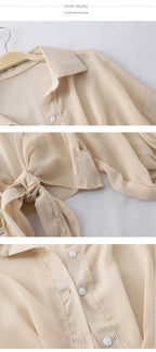 Casual Loose Hollow White Clothes Elegant Solid Color Tied Waist Blouse Women Summer Bat Half Sleeve Button Chiffon Shirt 9776