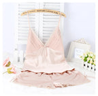 Black Pajamas Suit Lace Up Cami&shorts Set 2Pcs Satin Home Clothes Lady Sexy Lingerie Sleepwear Loungewear Plus Size 3Xl