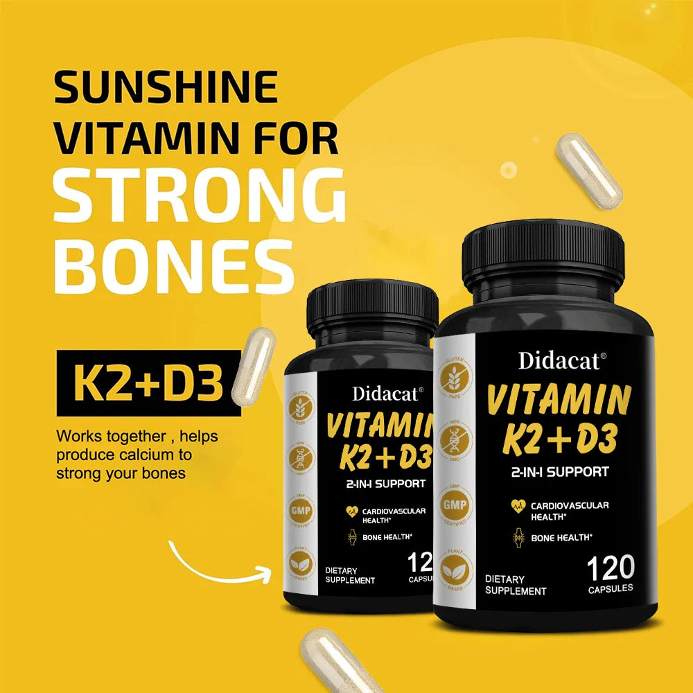 Didacat Vitamin D3+K2 Capsules, Support Calcium Absorption Bone Teeth Heart Brain Health Joints Immune Function