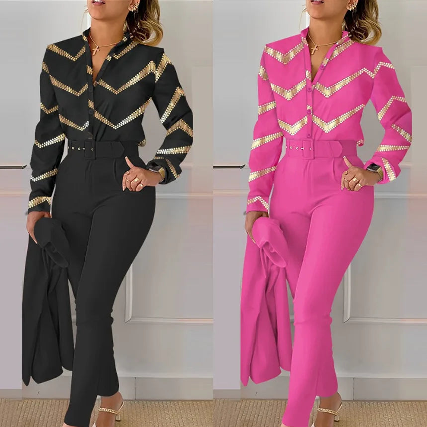 Autumn Winter Stand Neck Floral Print Long Sleeve Shirt Pants Two Piece Sets Elegant Women Casual Shirt Trousers Suits With Belt