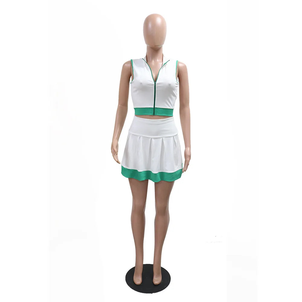 CM.YAYA Women's Set Sleeveless V-neck Vest  + Pleated Skirts 2025 Summer Cute Street Beach Two 2 Piece Sets Outfits Tracksuit