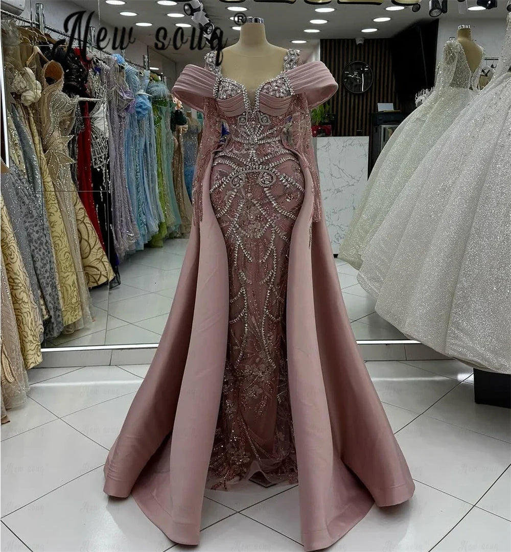 Blush Pink Long Sleeve Evening Dress With Detachable Train Women Arabic Wedding Engagement Party Gowns Lace Beaded Customized