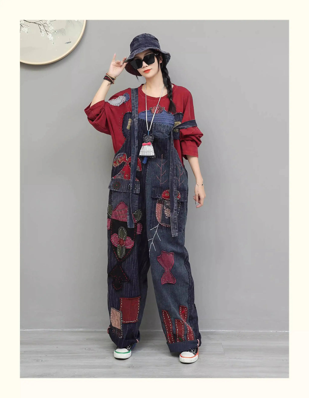 Hand Embroidery Old Cloth Patchwork Wide Leg Strap Long Pants Women Autumn Loose High Waist Jumpsuit LX4343