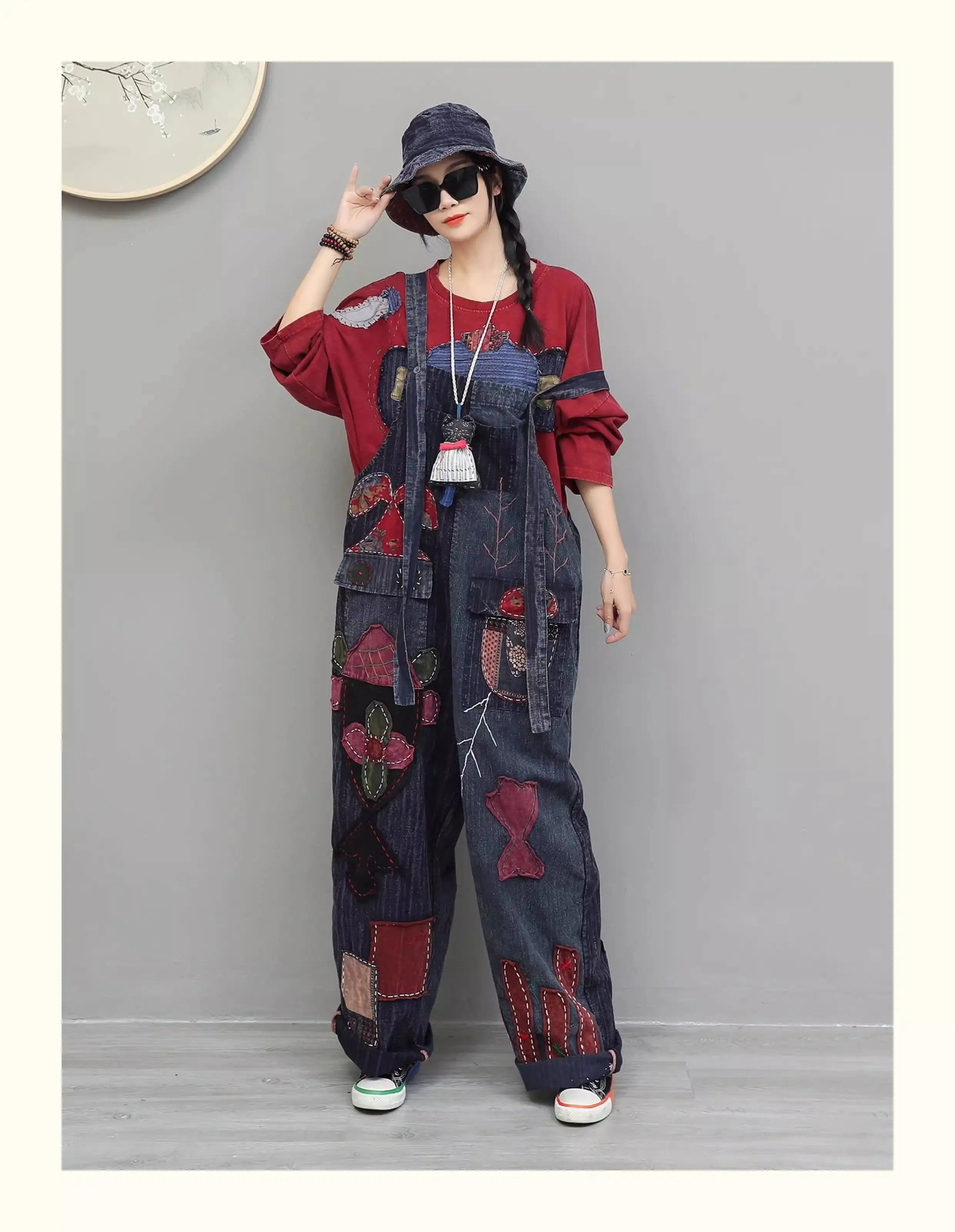 Hand Embroidery Old Cloth Patchwork Wide Leg Strap Long Pants Women Autumn Loose High Waist Jumpsuit LX4343