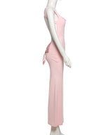 Cutenew Women's Elegant Solid Maxi Dress Sexy Halter Spaghetti Lady Long Dresses Bowknot Lace-up Girl Backless Female Party Robe