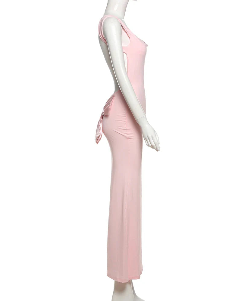Cutenew Women's Elegant Solid Maxi Dress Sexy Halter Spaghetti Lady Long Dresses Bowknot Lace-up Girl Backless Female Party Robe