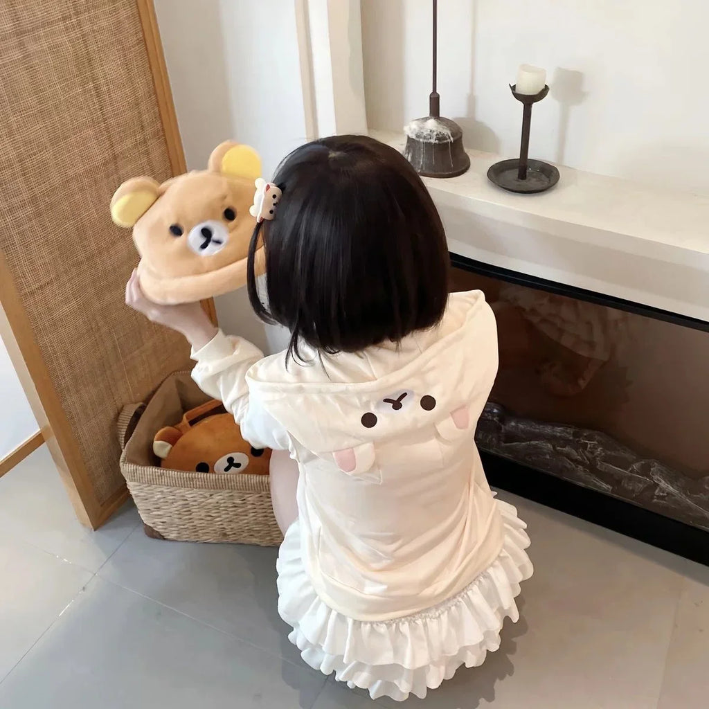 Cute Cartoon Hoodie Rilakkumaed Zip-up Hoodie Teddy Bear Ears Long Sleeve Jacket Fashion Women's Casual Cardigan Cotton Clothing
