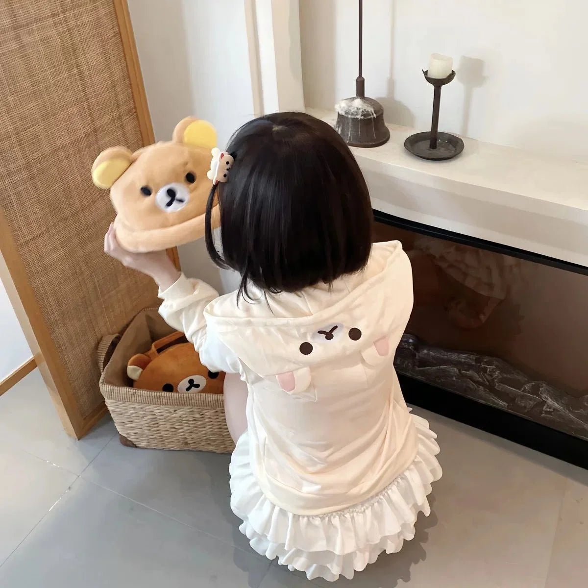Cute Cartoon Hoodie Rilakkumaed Zip-up Hoodie Teddy Bear Ears Long Sleeve Jacket Fashion Women's Casual Cardigan Cotton Clothing