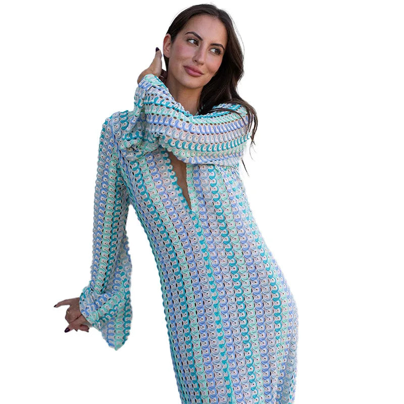 Crochet Colorful Stripe Flare Sleeve Maxi Dress Women V-neck High Split Sexy Lace Long Dresses 2024 New Beach Banquet Vestidos