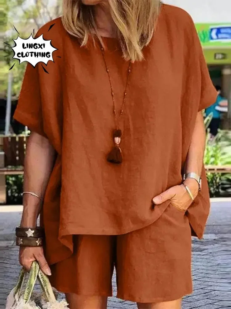 2024 Summer Fashion Cotton and Hemp New Elegant Women's Casual Two Piece Set Short Sleeved Top Waist Wide Leg Pants Set