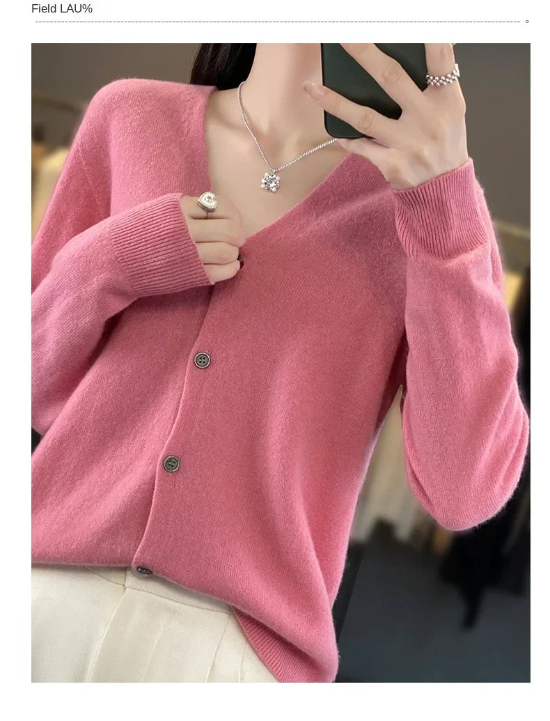 100 Merino Wool Knitted V-neck Sweater Women's Top Loose Korean Version Fashionable Versatile Autumn And Winter Cashmere Sweater