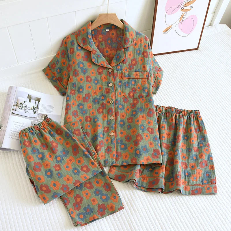 2025 New Spring/Summer Pajamas Three Piece Set Thin 100%Cotton Crepe Ladies Short Sleeves+Shorts+Pants Flip Collar Home Suit Set