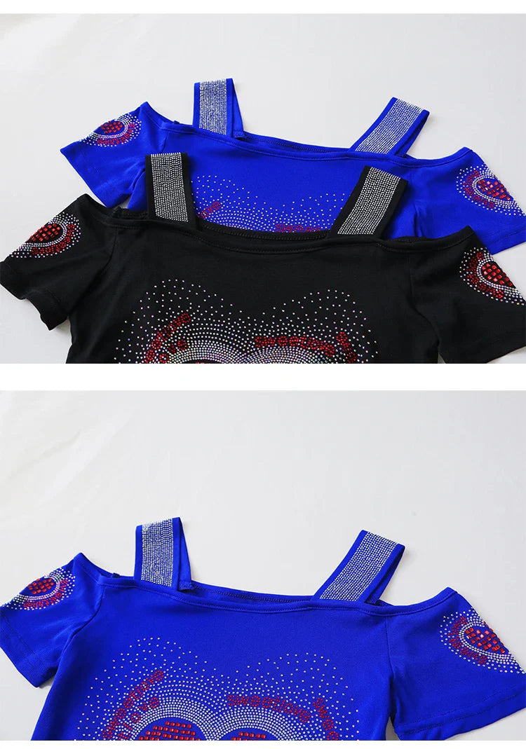 Aoxison Summer Short Sleeved Women's T-Shirt Elegant Slim Shiny Love Heart Diamonds Mesh Tops Chic Girl Sexy Off Shoulder Tees