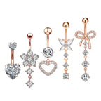14G Gold Color Series Butterfly Dangled Belly Piercing Sets 5PCS/Lot Heart Flower Curved Navel Navel Ring Belly Button Rings
