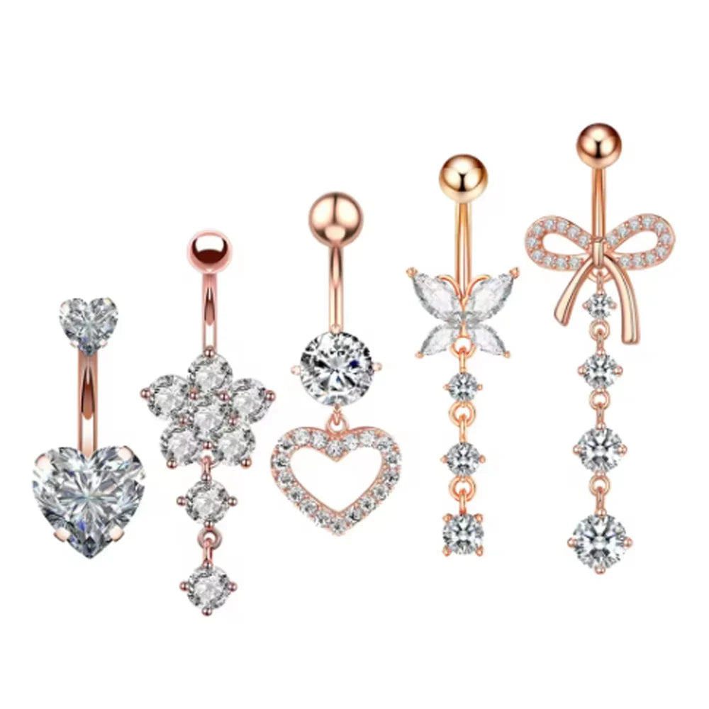 14G Gold Color Series Butterfly Dangled Belly Piercing Sets 5PCS/Lot Heart Flower Curved Navel Navel Ring Belly Button Rings