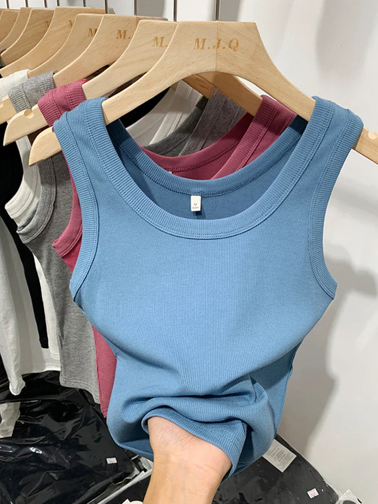 2025 Summer Women Sleeveless Tank Tops Fashion Crop Top O-neck Fitness Knitted Ribbed Vest Female Solid Camis Cropped Streetwear