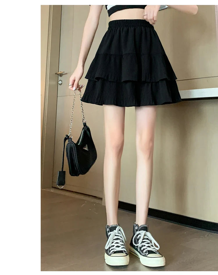 Casual Summer Ball Gown Pleated Skirts Women 2024 Korean Fashion Clothing Faldas Largas High Waist Black White A Line Mini Skirt