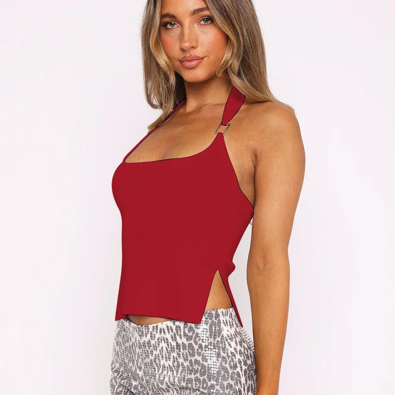 Dulzura Sleeveless Halter Side Slit Top With Button Sexy Casual Tank Party Club Streetwear Women'S Autumn Winter Clothes