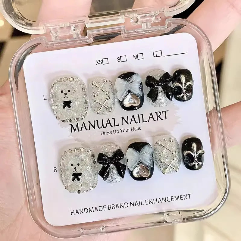 10Pcs Short Square Round Handmade Nails Bow Black and White Bear Fake Nail Diamond Decoration Removable Wearable Nail for Women