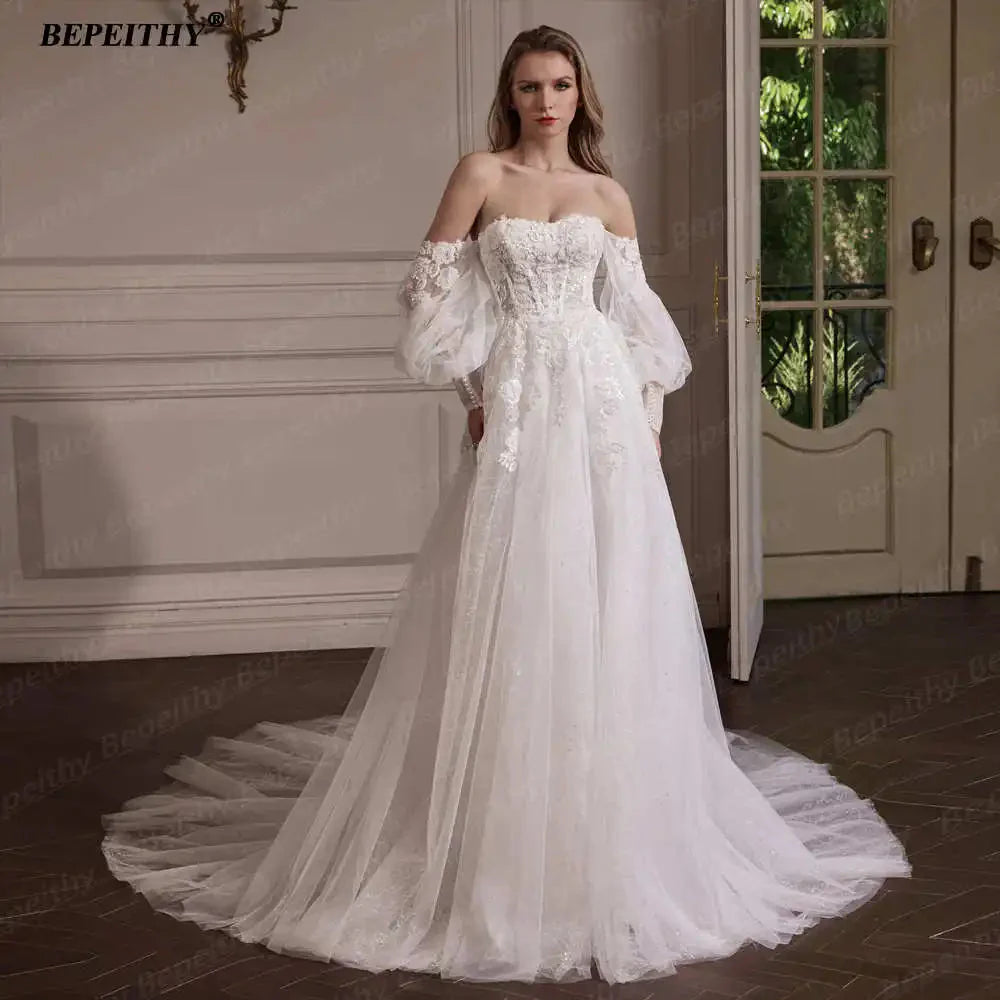 BEPEITHY Customized Strapless A Line Off Shoulder Long Sleeves Bride Ivory Wedding Dresses Glitter Court Train Bridal Gown 2025