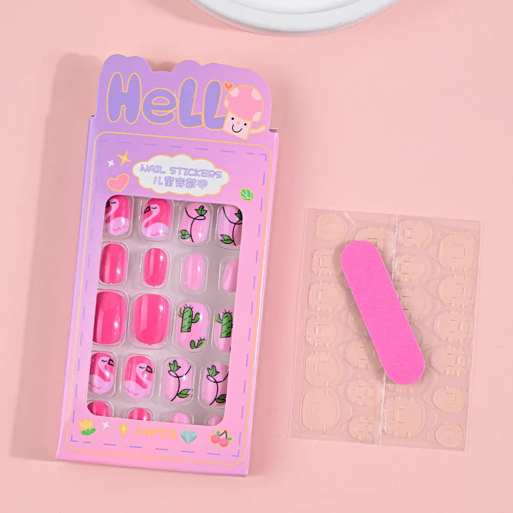 24Pcs Children Cartoon Nail Tips Colorful Cute Rabbit Pink Stars 6-14 Years old Girl Fake Nail With Jelly Glue Kids False Nail