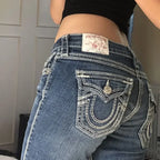 Buddha Statue Pocket Embroidery Low Waist Jeans Hip-hop Punk Street Fashion Washed Casual Jeans Women's Clothing