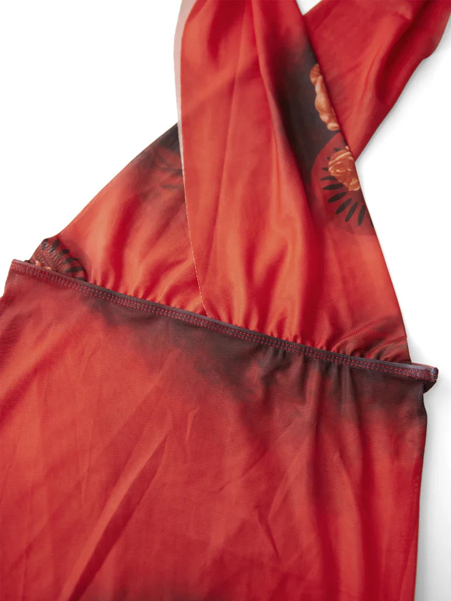 Combhasaki Womens Summer Beachwear Y2K Halter Deep V-Neck Sleeveless Backless Flower Tie-dye Print Bodycon Slim Short Mini Dress