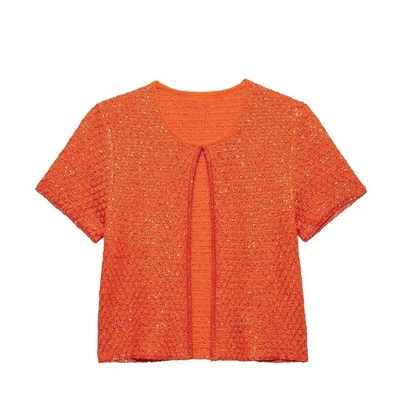 Elegant Sequined Orange Cardigans Women Y2k O-neck Short Sleeve One Button Female Tops 2025 Street Summer Lady Chic Knitwear