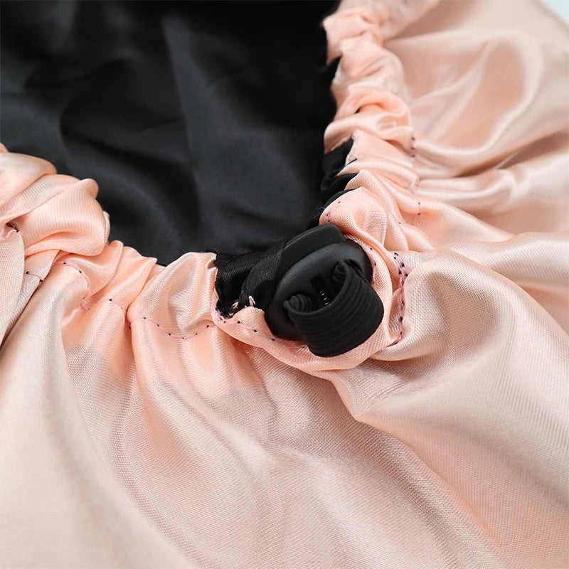 Adjustable Double Layer Satin Bonnet Nightcap Doubleside Women Round Shower Caps Night Sleep Polyester Hat Solid Black Lining