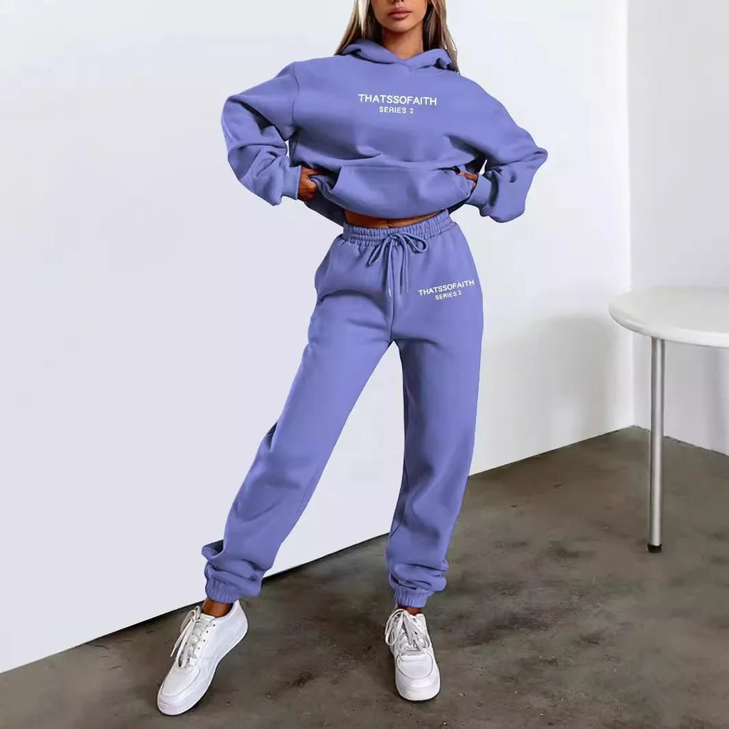 Autumn and Winter 2025 new women hooded sweatshirt + pants two-piece set, print outdoor woman pullover sportswear 2-pcs set