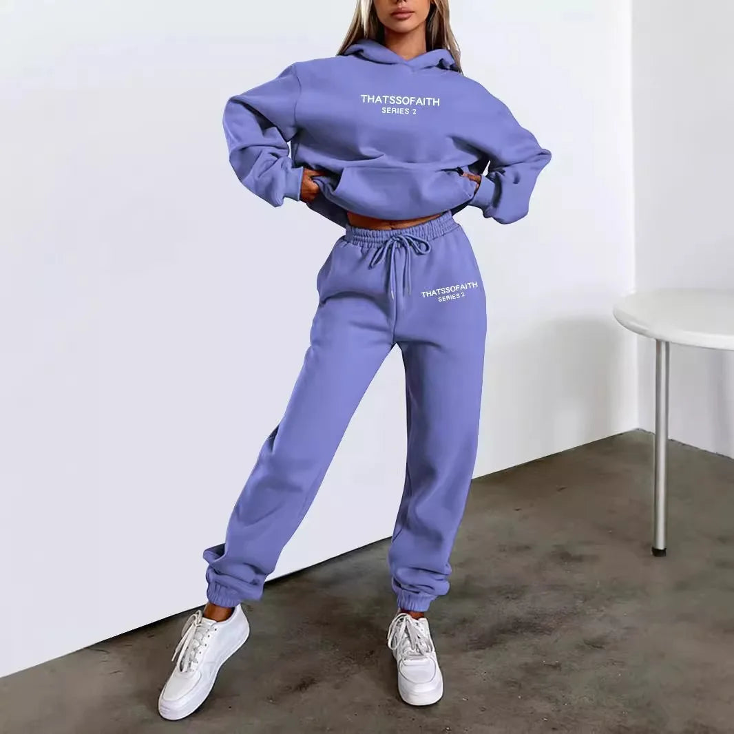 Autumn and Winter 2025 new women hooded sweatshirt + pants two-piece set, print outdoor woman pullover sportswear 2-pcs set