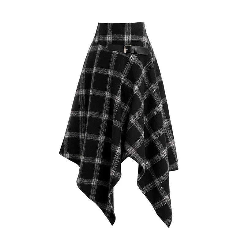 Dressfo Womens Asymmetic Hem Plaid Skirt Buckle Strap Detail Casual Midi A Line Dress Black Skirts 2024 New