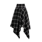 Dressfo Womens Asymmetic Hem Plaid Skirt Buckle Strap Detail Casual Midi A Line Dress Black Skirts 2024 New