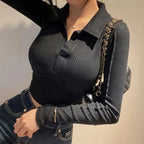 Elegant Coquette Women's Polo Neck T-Shirt - Long Sleeve, Chic Style, Effortless Elegance