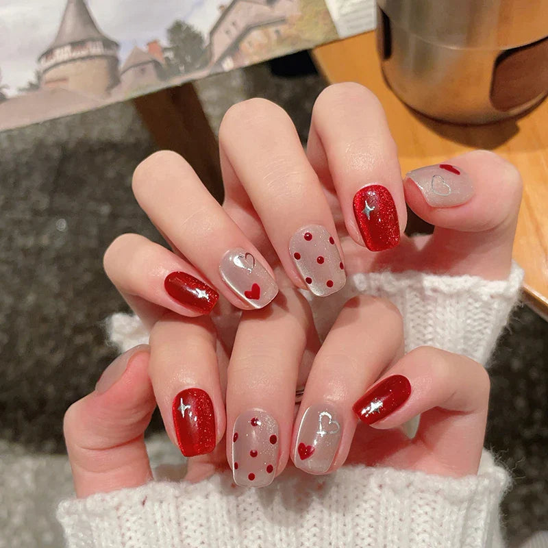 10Pcs Valentine's Day Handmade Nails Red Heart Polka Dot False Nail for Women&Girl Short Cat's Eye Detachable Wearable Nails