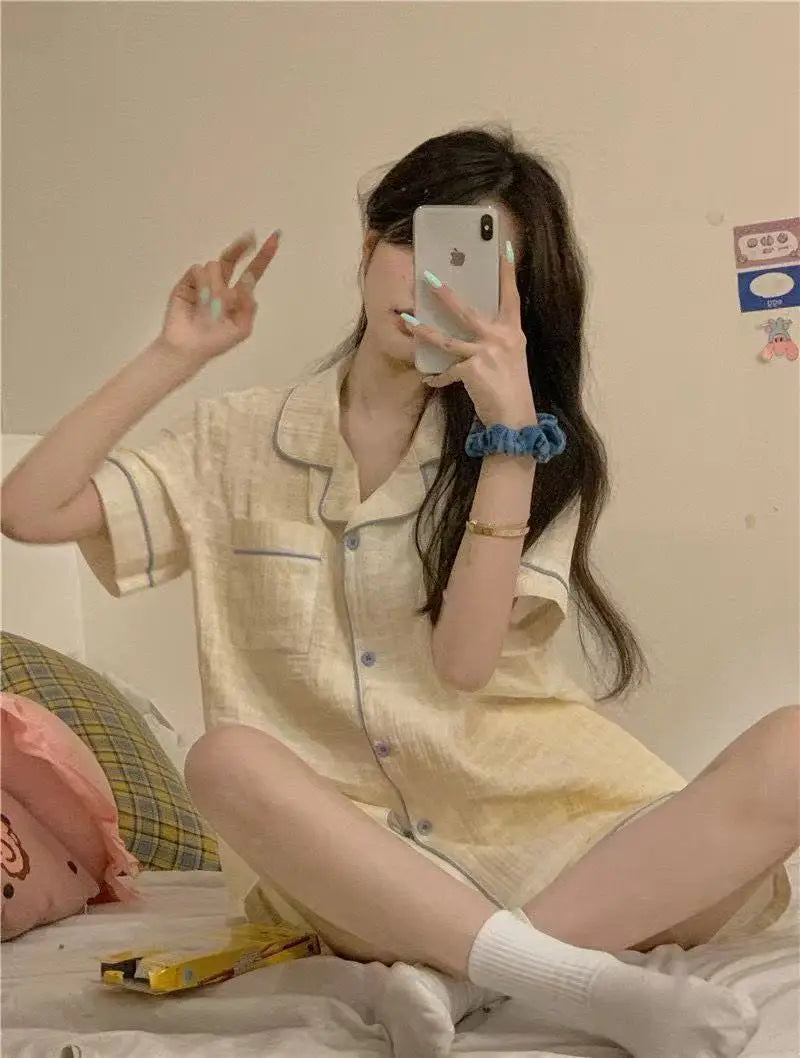 Cute Girl's Summer Cotton Linen ort Sve Nightgown Home Clothes Set Bear Print Gauze Spwear Simple Home Sle